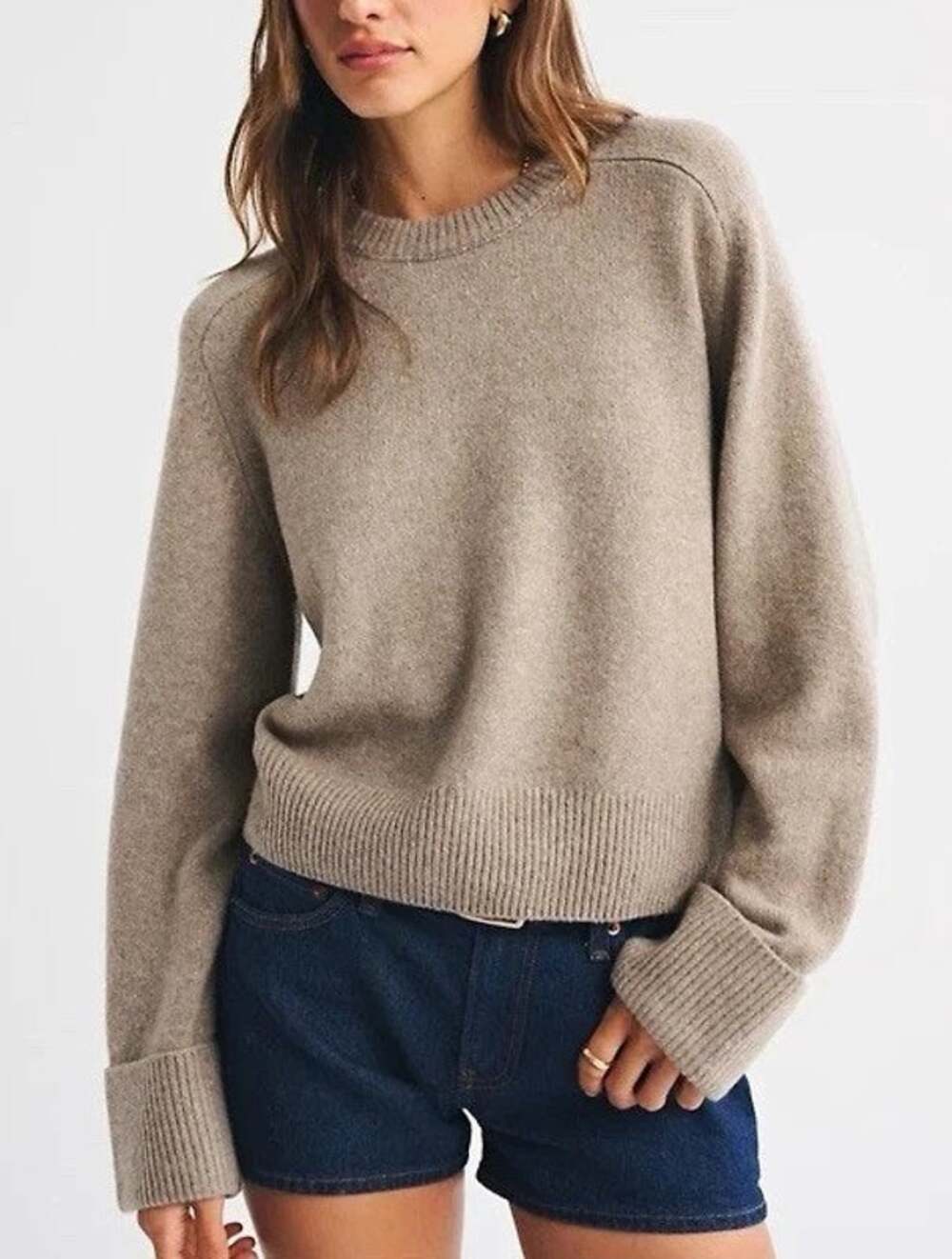 Abercrombie & Fitch Wool Blend Madeline Crewneck Sweater Size L Taupe Cozy Knit